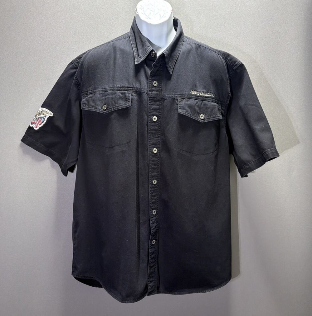 Vintage Harley Davidson Denim Short Sleeve Black Embroidered Shirt Size XL